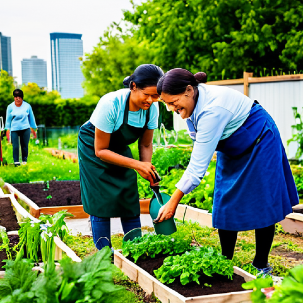 A diverse group of adults and children in a vibrant community garden, actively engaged in gardening activities like planting, watering, and harvesting fresh vegetables and herbs. They are fully clothed in modest, practical attire suitable for outdoor work. The garden is lush with greenery, thriving amidst a backdrop of blurred city buildings and an urban skyline under warm natural light. The scene captures a sense of community, connection to nature, and joyful collaboration. perfect anatomy, correct proportions, natural pose, well-formed hands, proper finger count, natural body proportions, professional photography, high quality, safe for work, appropriate content, family-friendly.