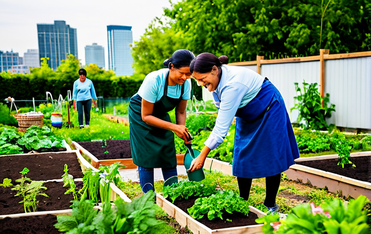 A diverse group of adults and children in a vibrant community garden, actively engaged in gardening activities like planting, watering, and harvesting fresh vegetables and herbs. They are fully clothed in modest, practical attire suitable for outdoor work. The garden is lush with greenery, thriving amidst a backdrop of blurred city buildings and an urban skyline under warm natural light. The scene captures a sense of community, connection to nature, and joyful collaboration. perfect anatomy, correct proportions, natural pose, well-formed hands, proper finger count, natural body proportions, professional photography, high quality, safe for work, appropriate content, family-friendly.