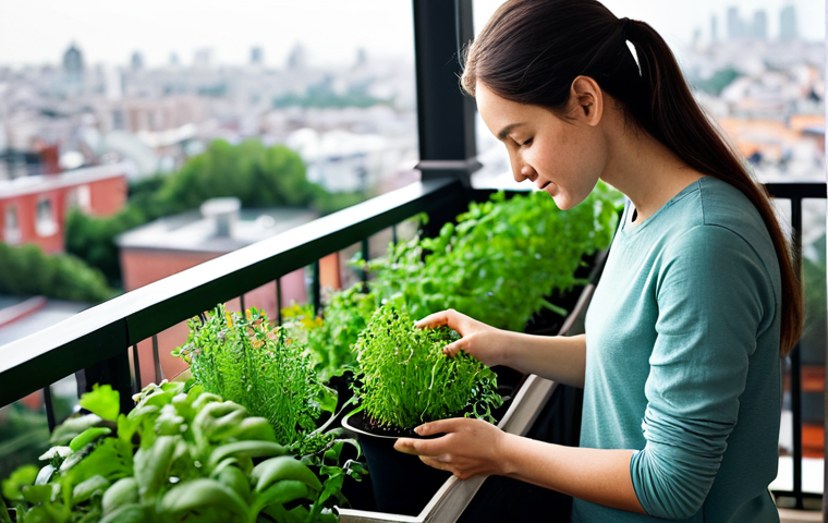 A serene woman in modest, casual clothing is gently tending to her vibrant urban balcony garden. She is fully clothed in appropriate attire, softly touching the leaves of a small tomato plant. The background shows a peaceful cityscape blurring slightly, suggesting an urban dwelling. The scene is illuminated by soft, natural light, highlighting fresh green herbs and vegetables in neatly arranged pots and vertical planters. This image conveys a sense of calm, connection to nature, and personal well-being. It features perfect anatomy, correct proportions, well-formed hands, proper finger count, and natural body proportions. safe for work, appropriate content, fully clothed, family-friendly, professional photography, high quality.