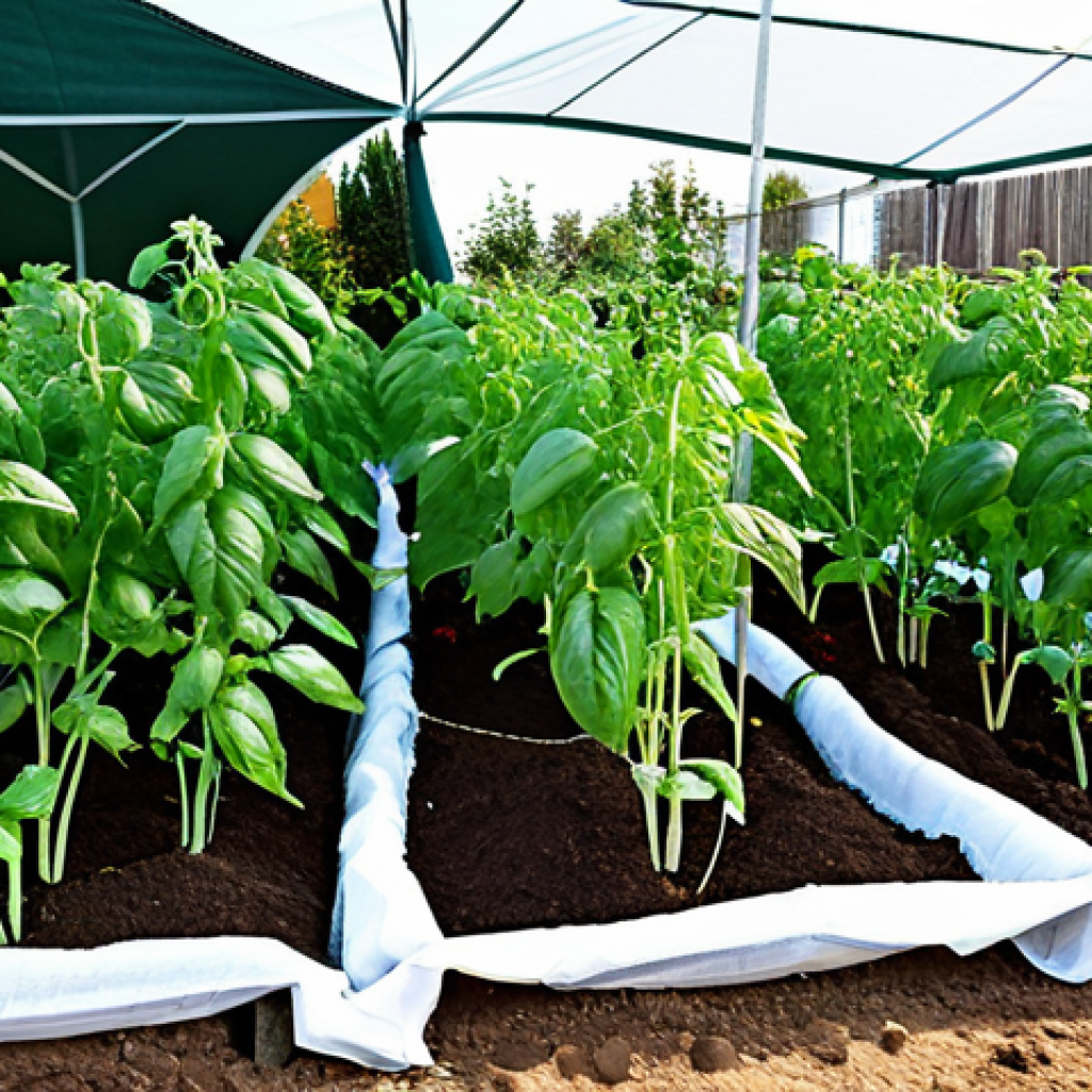 Protected Urban Garden**

"A vibrant urban garden in Portugal, showcasing healthy tomato and basil plants, fully clothed, thriving under a shade cloth, appropriate attire, safe for work. Mulch covers the soil around the plants. Perfect anatomy, correct proportions, natural pose. Professional photography, high quality, family-friendly."

**