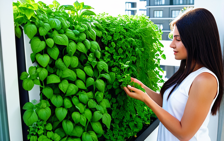 Hydroponic Herb Wall in a Modern Apartment Balcony**

"A vibrant, fully clothed woman tending to a vertical hydroponic herb garden on a stylish apartment balcony. The wall is covered in thriving basil, mint, and parsley. Sunlight streams in, highlighting the lush greenery. In the background, blurred city buildings create a modern urban backdrop. Focus on clean lines, healthy plants, and the woman's engaged expression. Safe for work. Appropriate content. Fully clothed. Professional photography. Perfect anatomy. Natural proportions. Bright and airy."

**