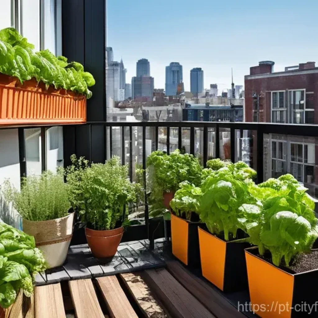 도시농업 텃밭을 위한 공간 디자인 - **Prompt: "A vibrant, sun-drenched urban balcony garden, meticulously planned. A person (wearing com...