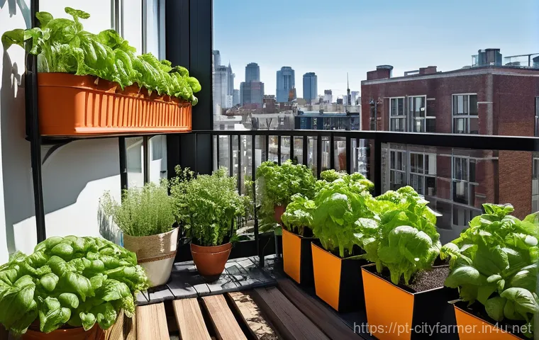 도시농업 텃밭을 위한 공간 디자인 - **Prompt: "A vibrant, sun-drenched urban balcony garden, meticulously planned. A person (wearing com...