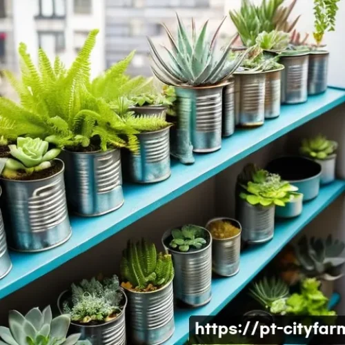 Home 33 도시농업 재활용 자원 활용 - **Urban Balcony Oasis with Upcycled Planters**
A vibrant and lush urban balcony garden, bursting...