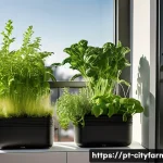 Home 19 도시농업 장비 추천 - A modern urban balcony garden featuring compact smart plant pots with integrated water reservoirs an...