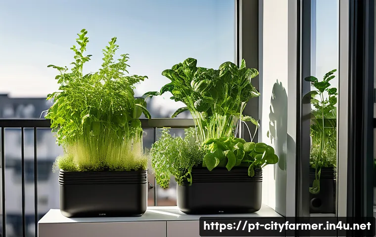 도시농업 장비 추천 - A modern urban balcony garden featuring compact smart plant pots with integrated water reservoirs an...