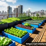 Home 18 도시농업의 미래 예측 - A vibrant urban rooftop garden in São Paulo, Brazil, showcasing a variety of lush green vegetables, ...