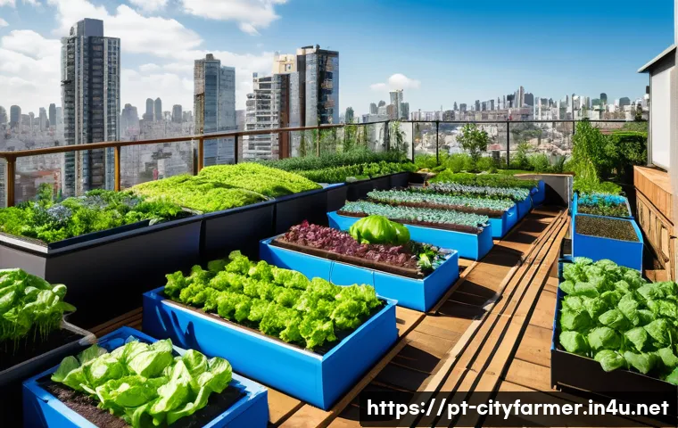 도시농업의 미래 예측 - A vibrant urban rooftop garden in São Paulo, Brazil, showcasing a variety of lush green vegetables, ...