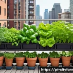 Home 23 도시농업 작물 간 간격 조정 - A vibrant urban balcony garden scene showcasing well-spaced vegetable plants including lettuce, arug...