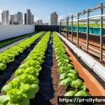 Home 22 도시농업 물 절약 방법 - A detailed urban rooftop garden scene in São Paulo, Brazil, featuring a modern drip irrigation syste...
