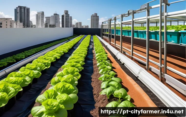 도시농업 물 절약 방법 - A detailed urban rooftop garden scene in São Paulo, Brazil, featuring a modern drip irrigation syste...