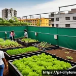 Home 21 도시농업과 기후 변화 적응 - A vibrant community urban garden in a Brazilian city neighborhood, showing diverse people of various...
