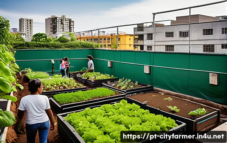 도시농업과 기후 변화 적응 - A vibrant community urban garden in a Brazilian city neighborhood, showing diverse people of various...