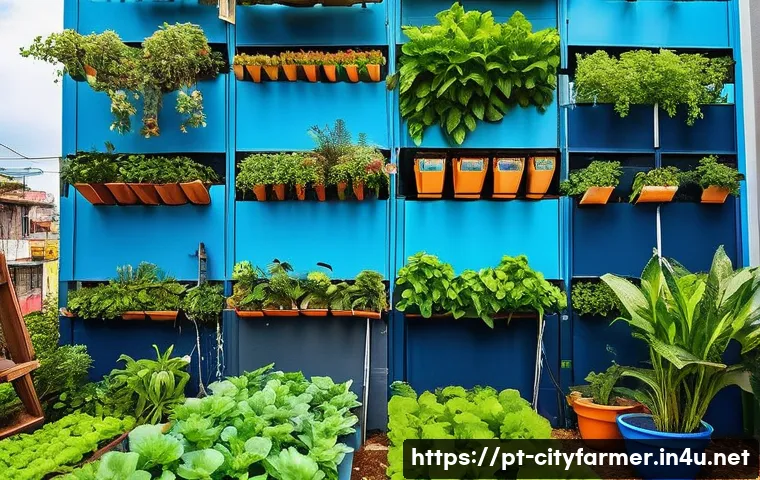 도시농업 공공장소 활용 방안 - A vibrant community urban garden in a Brazilian city park, featuring lush vertical gardens on colorf...