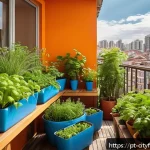 Home 19 도시농업과 관련된 최신 연구 - A vibrant urban balcony garden in a Brazilian city, featuring vertical planters filled with fresh he...