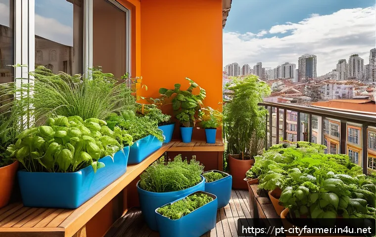 도시농업과 관련된 최신 연구 - A vibrant urban balcony garden in a Brazilian city, featuring vertical planters filled with fresh he...
