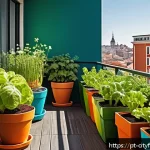 Home 18 도시농업 작물별 파종 시기 - A vibrant urban spring garden balcony scene with lush green lettuce and arugula growing in colorful ...