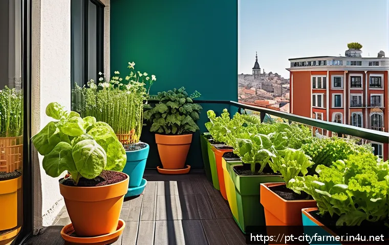 도시농업 작물별 파종 시기 - A vibrant urban spring garden balcony scene with lush green lettuce and arugula growing in colorful ...
