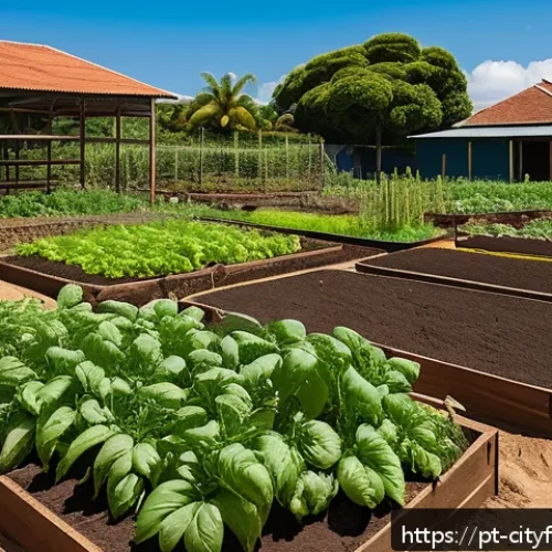 Home 17 도시농업에서의 질병 예방 - A vibrant community garden scene in Brazil showcasing well-prepared soil beds with a rich mixture of...
