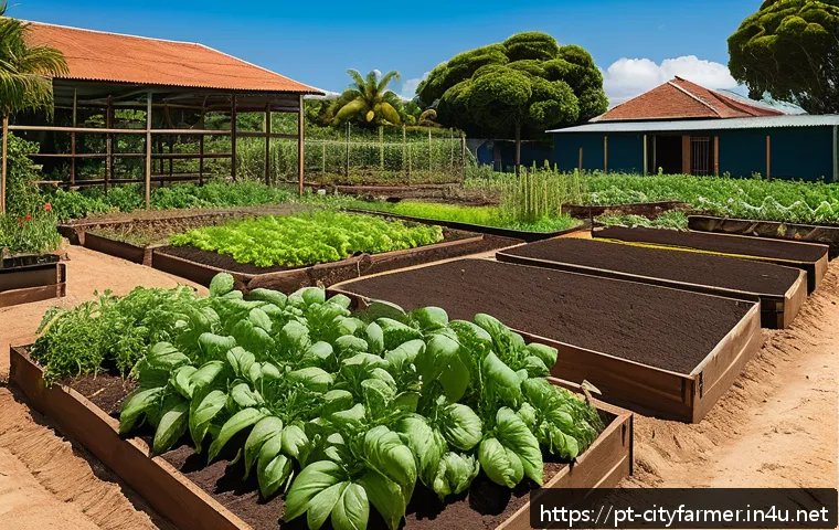 도시농업에서의 질병 예방 - A vibrant community garden scene in Brazil showcasing well-prepared soil beds with a rich mixture of...