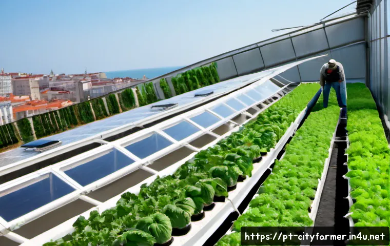 Home 17 도시농업에서 사용하는 스마트 온실 시스템 - Photorealistic smart greenhouse on a compact urban rooftop in Lisbon, Portugal, orderly rows of leaf...