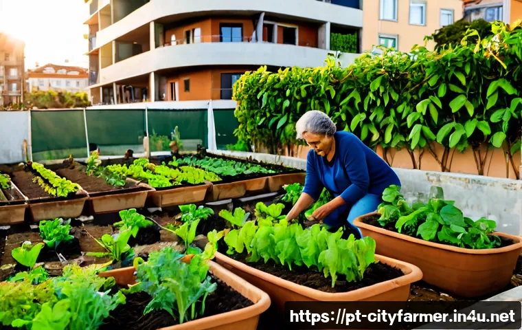 도시농업 커뮤니티 참여 방법 - Photorealistic urban community garden in a Portuguese-speaking city, diverse adult neighbors gatheri...